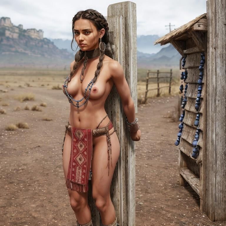 nude woman standing next to a wooden post in a desert setting. 