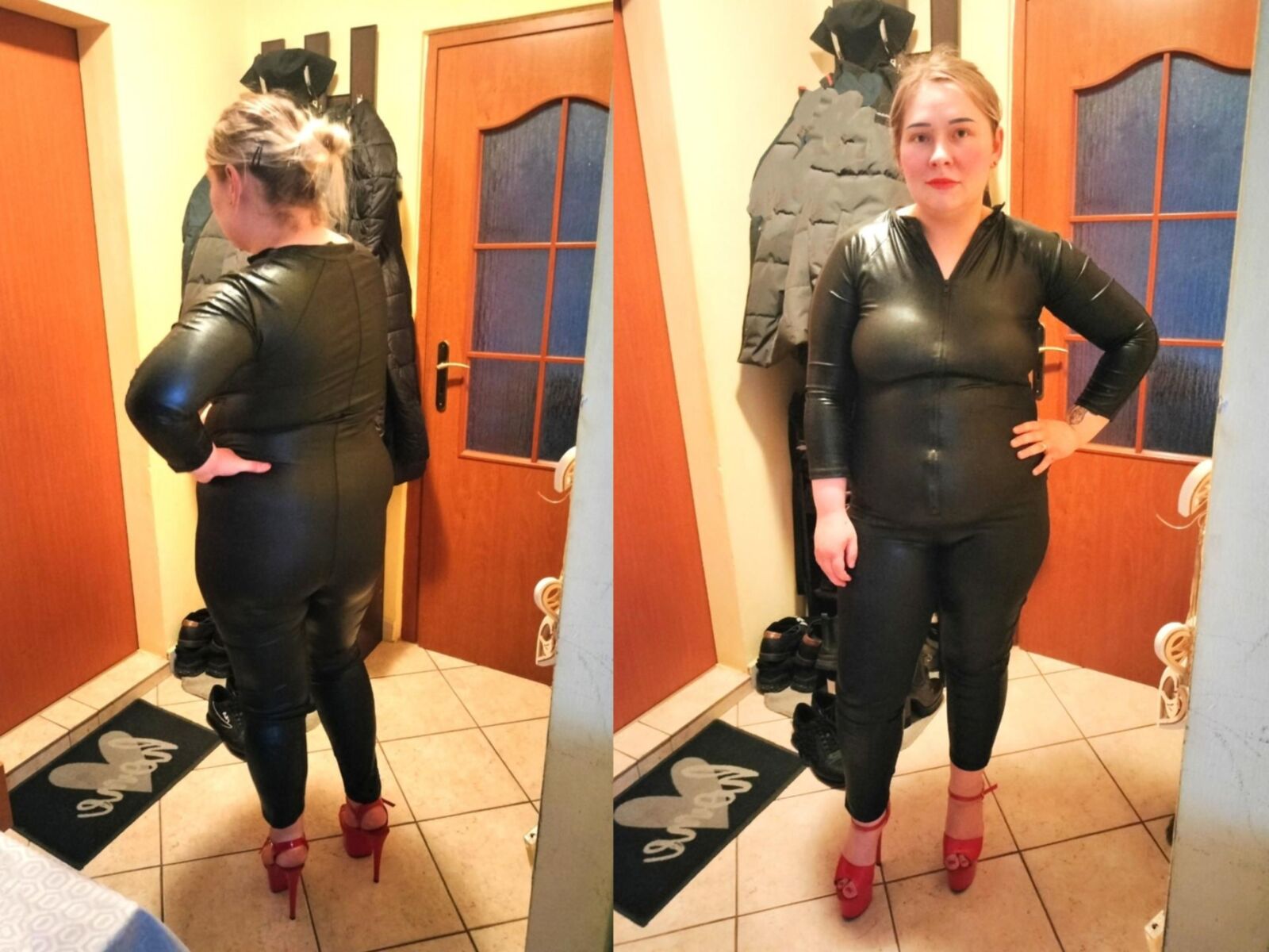 Frau Betty in Wirtschaftskleidung. 