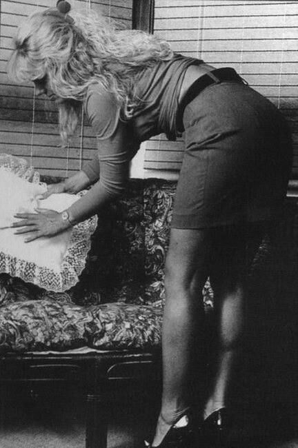 Retro Spanking Februs and Fessee Blonde pink dress spank on sofa