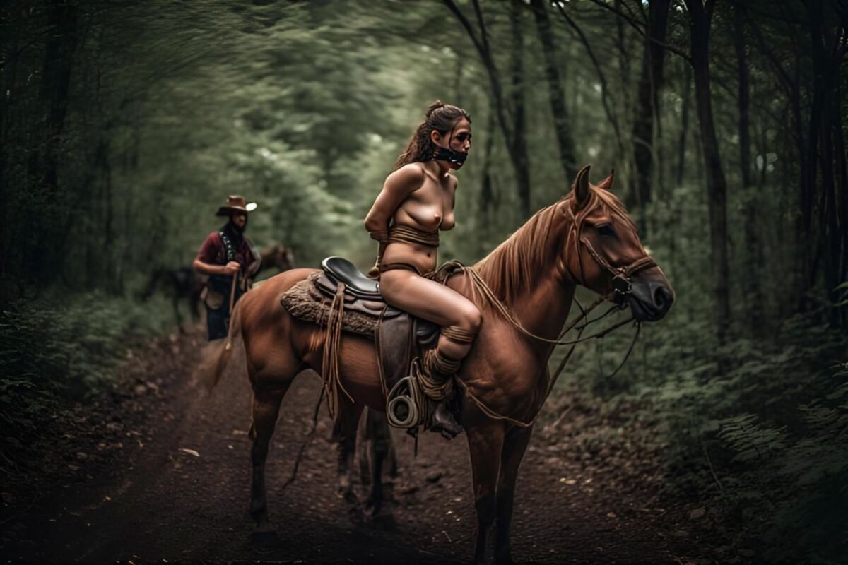Amarrado meninas do oeste selvagem em cavalos