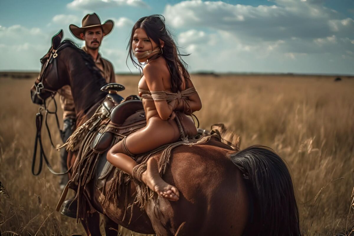 Amarrado meninas do oeste selvagem em cavalos