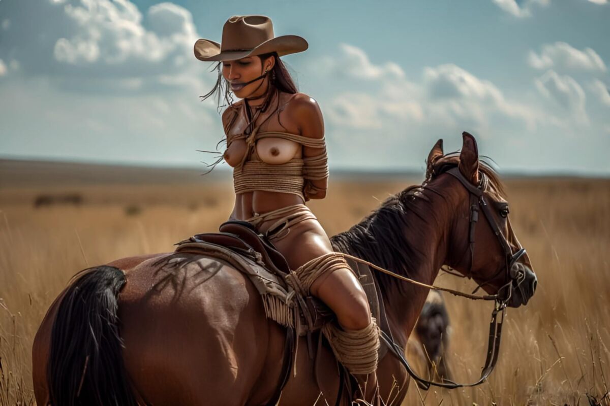 Amarrado meninas do oeste selvagem em cavalos