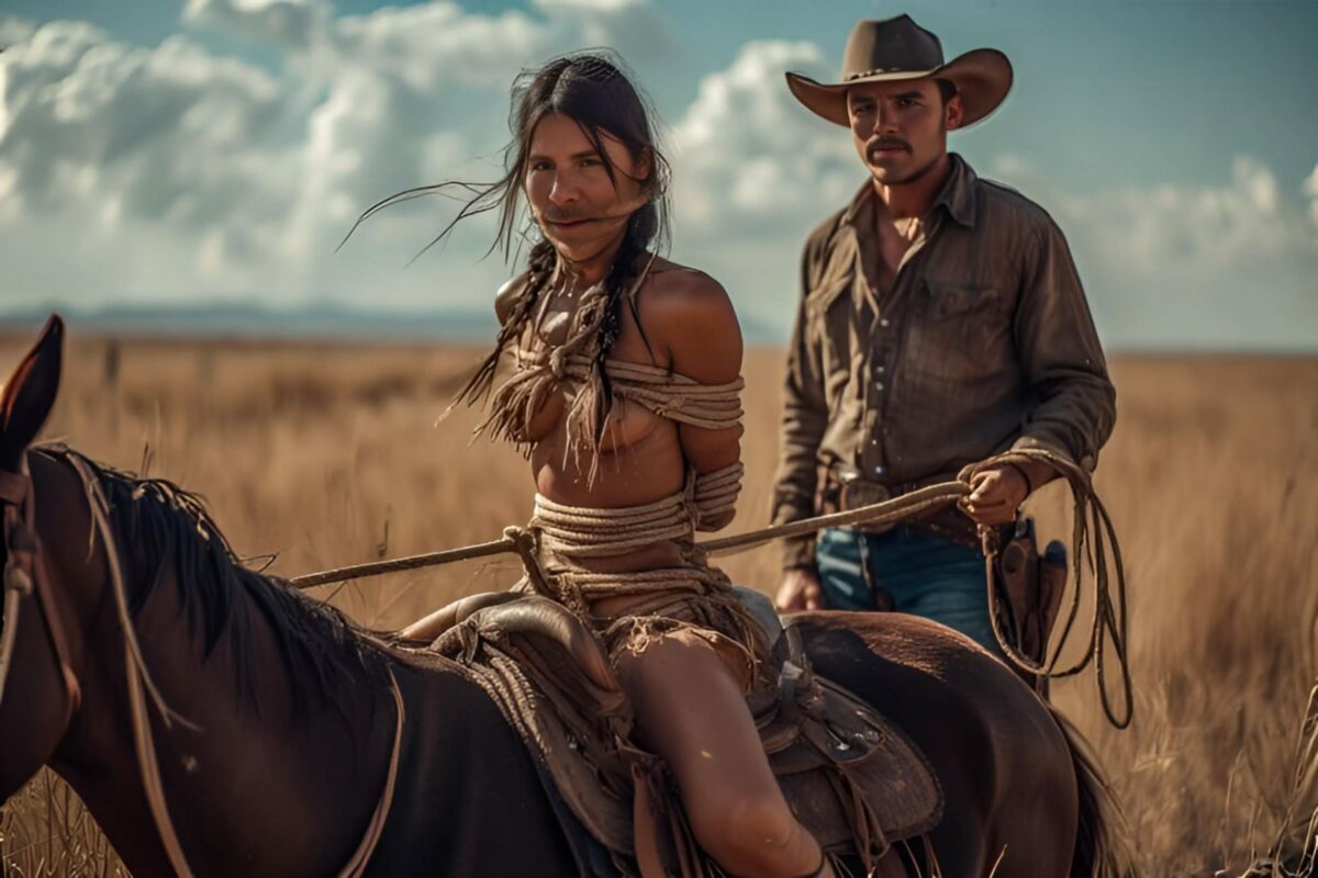 Amarrado meninas do oeste selvagem em cavalos